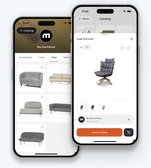 A brand catalog and a product card opened through an App Clip on two phones