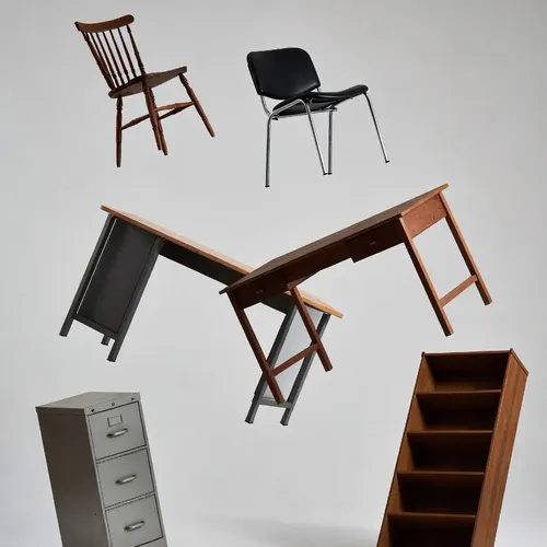 Chairs, desks, and cabinets floating against a plain backdrop
