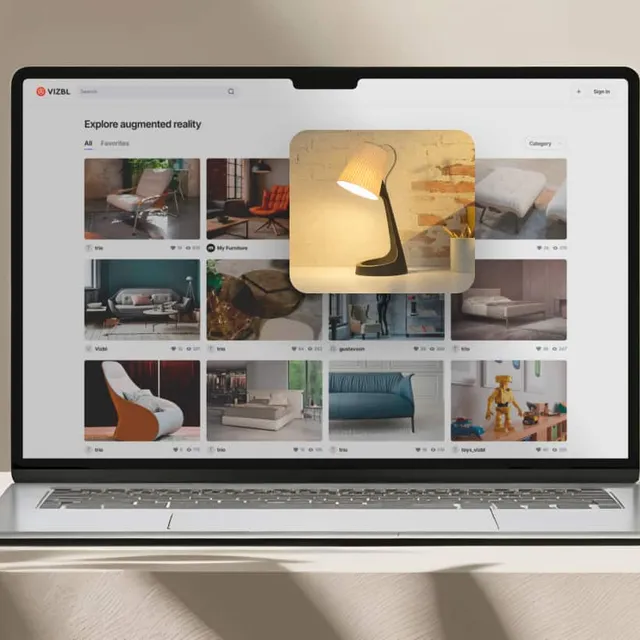 The Vizbl AR catalog on a laptop with a product opening from the feed