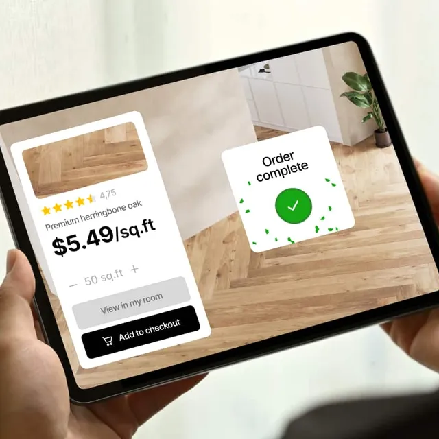 A full-room flooring preview with product card and completed order
