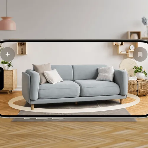 A product anchored at true scale in a real room through the AR viewer