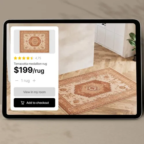 A rug generated from a flat product photo and placed at true scale in a room