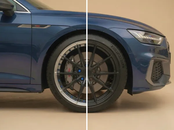A car with a split view comparing two wheel designs