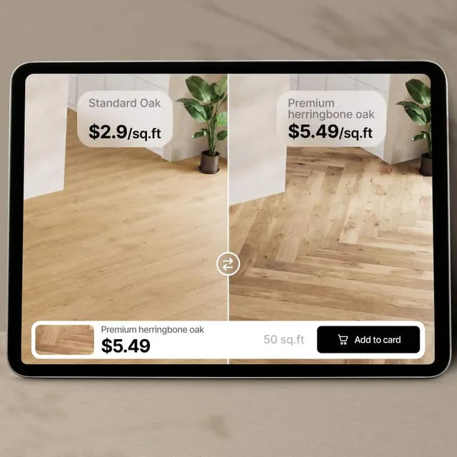 Side-by-side comparison of standard oak and premium herringbone oak floors