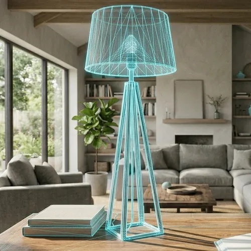 A table lamp rendered as a 3D wireframe inside a real living room