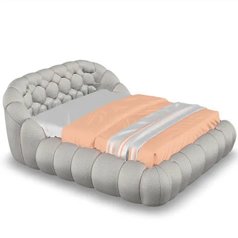 Bouclé platform bed generated as a 3D model from six photos