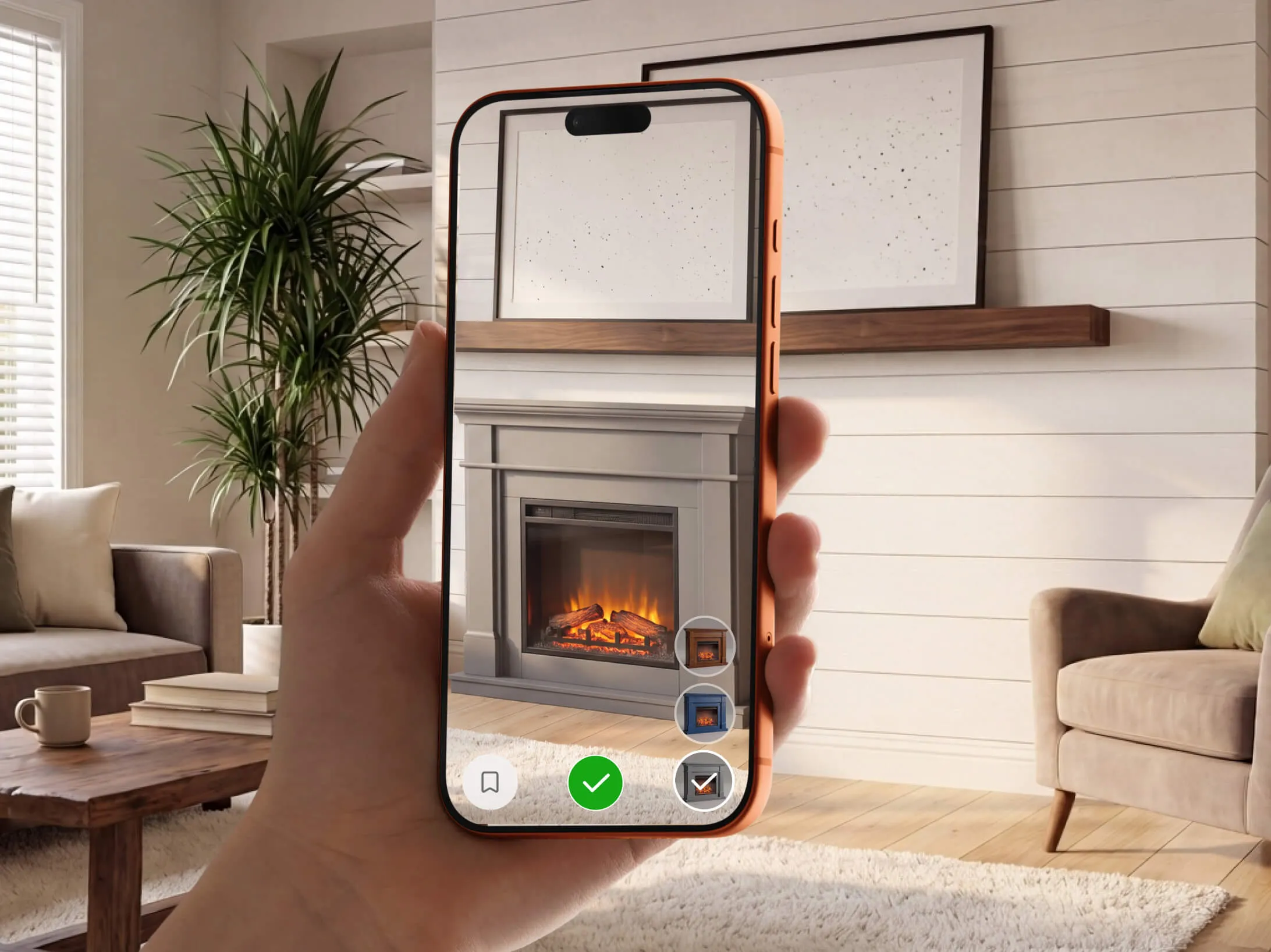 A phone previewing an electric fireplace in AR with a switcher for finish variants on screen
