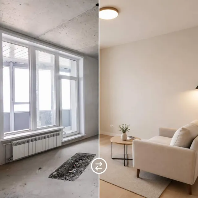 Before-and-after view of an unfinished room and the finished result