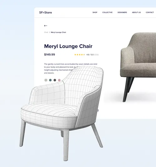 A 3D model of an armchair next to the product page it is embedded on