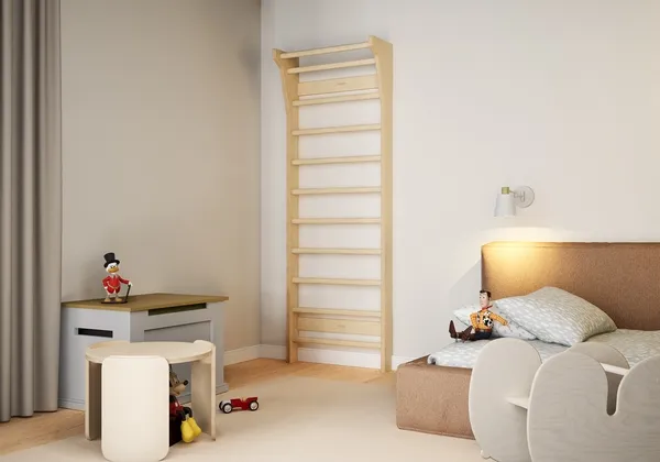 A wooden wall-bar climbing frame in a child's bedroom