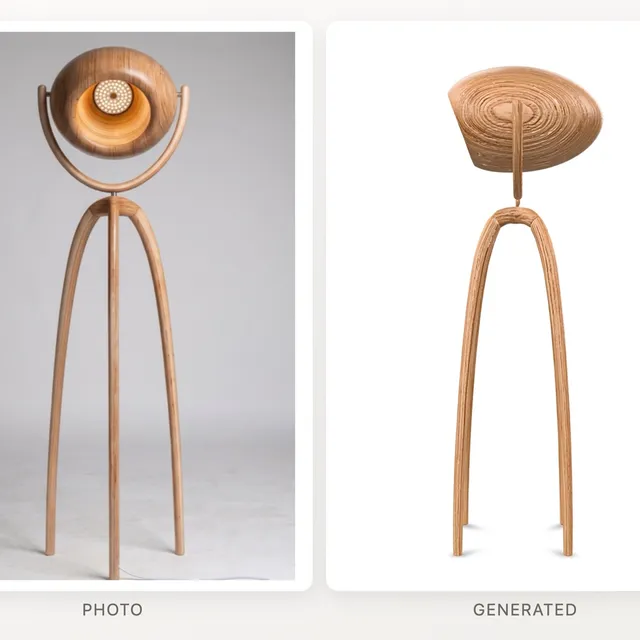 The oak globe floor lamp: the photograph beside the generated model, whose shade closed into a solid dome
