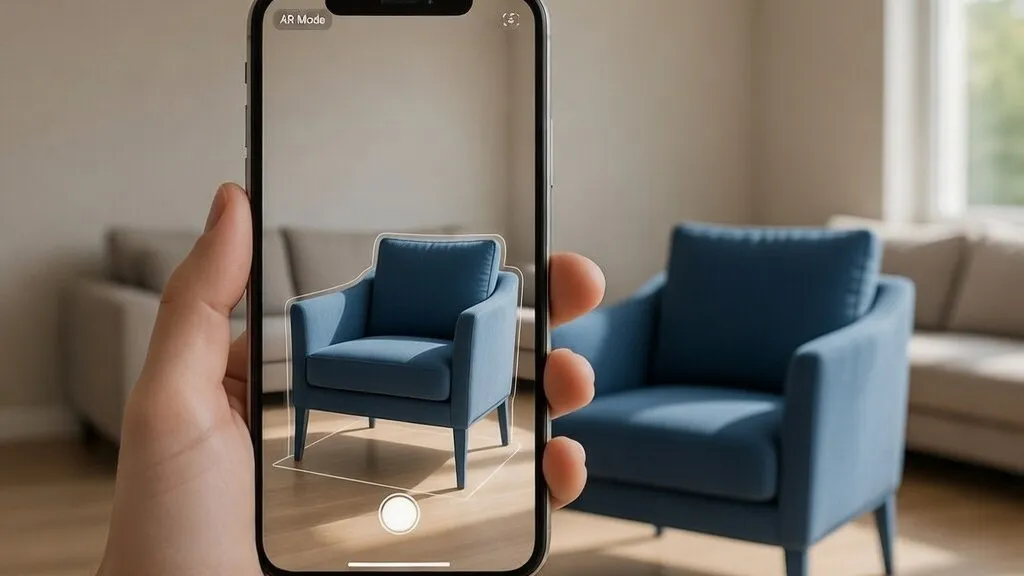 An armchair 3D model placed in a real living room in AR mode on a phone