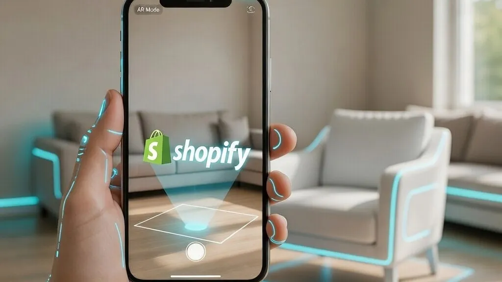 A Shopify product previewed in a real room in AR mode on a phone