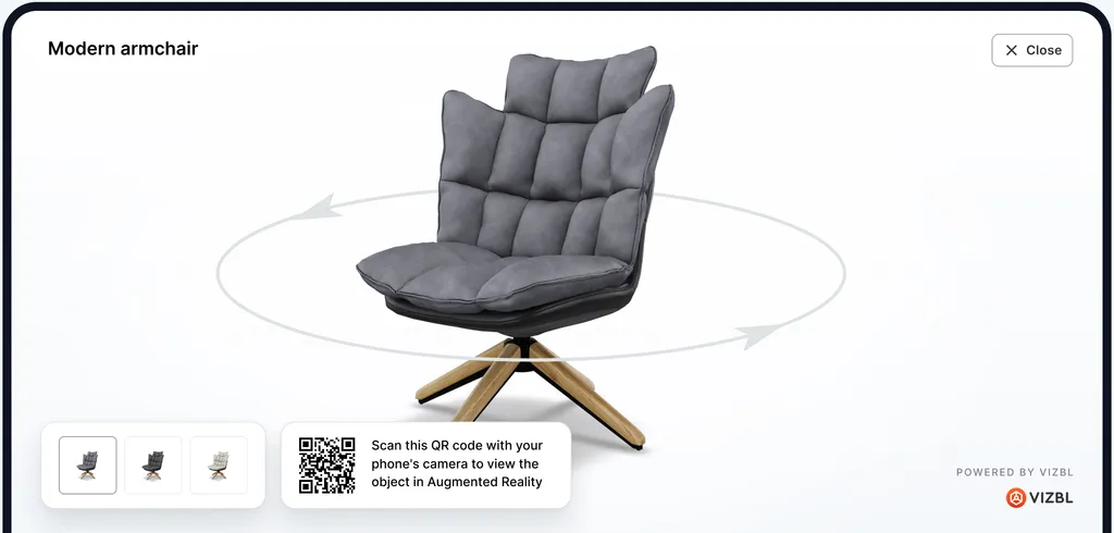 A product shown in the Vizbl 3D viewer with a colour switcher and an AR QR code