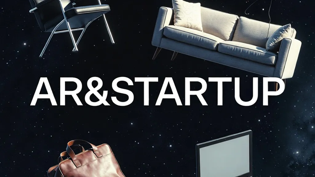 Furniture, a bag, and a laptop floating over a starfield above the words AR&STARTUP