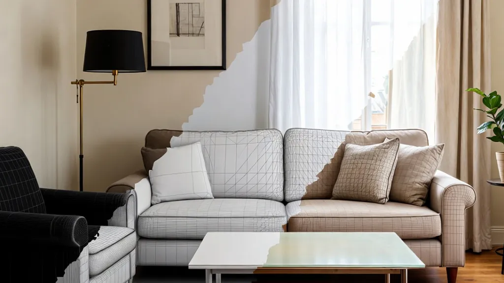 A living room shown half as furniture renders and half as a real photo