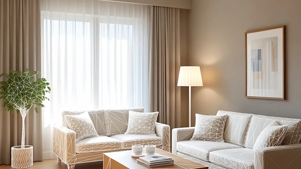 A living room where furniture is shown half as a wireframe 3D model