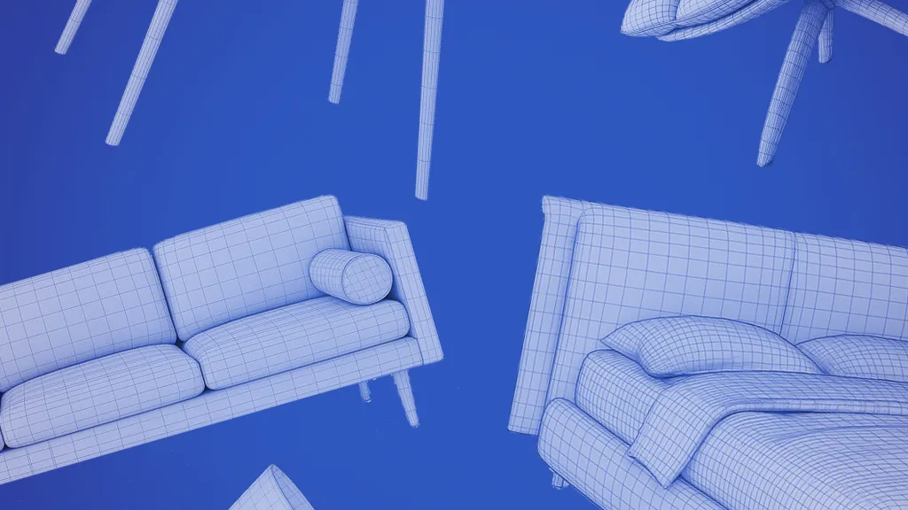 Furniture and lighting shown as 3D wireframe meshes on a blue background