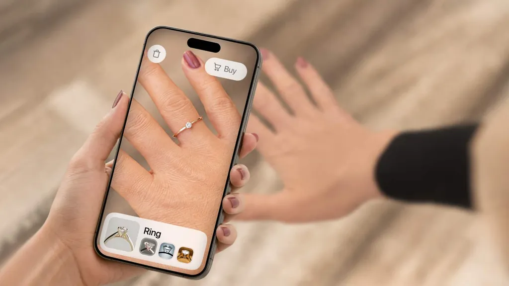 AI virtual try-on of a ring shown on a customer hand through a phone