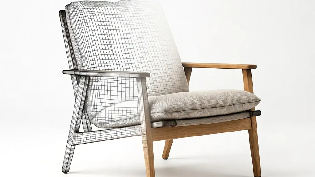 A lounge chair as a 3D model, half wireframe, and half rendered