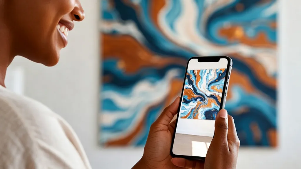 A shopper previewing a canvas print on her wall through AR on a phone