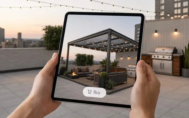 A sales rep showing a product catalog in AR on an iPad