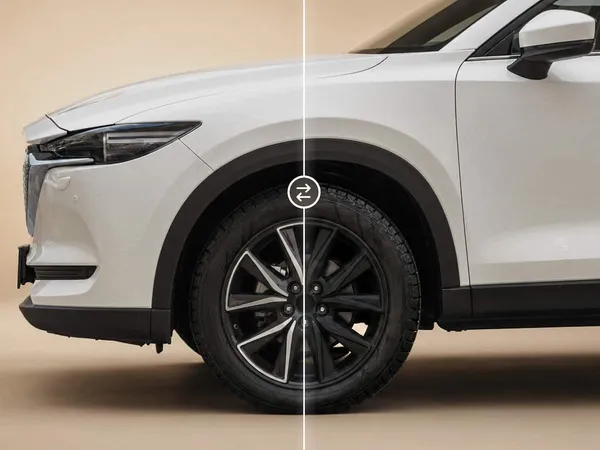 A car shown side by side with its current and new wheels