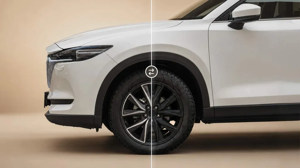 Before/after split view of a car with its original and upgraded wheels