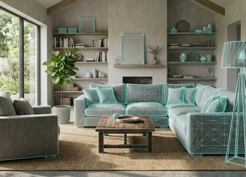 A living room where the sofa and floor lamp are shown as 3D wireframes