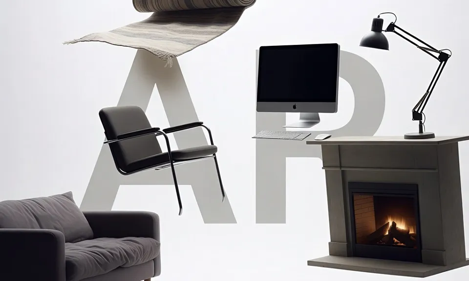 Furniture and homeware floating in front of a large letter A and R