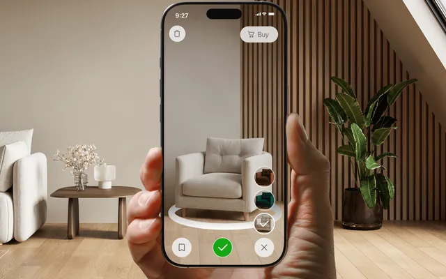 A sofa placed at true scale in a real living room through the Vizbl AR viewer
