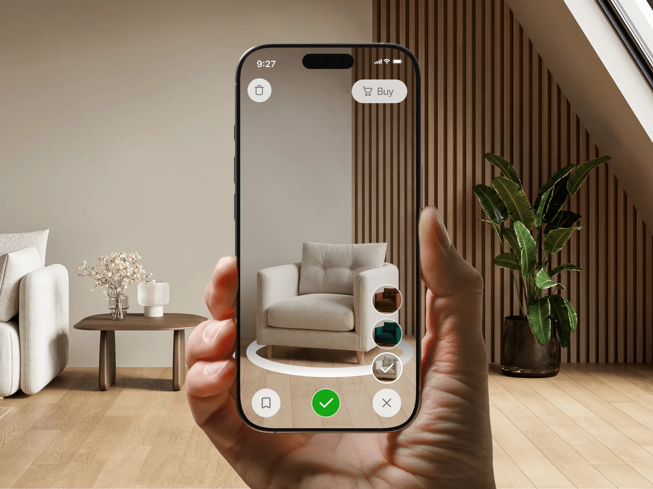 Vizbl 3D and AR viewer placing an armchair in a real room