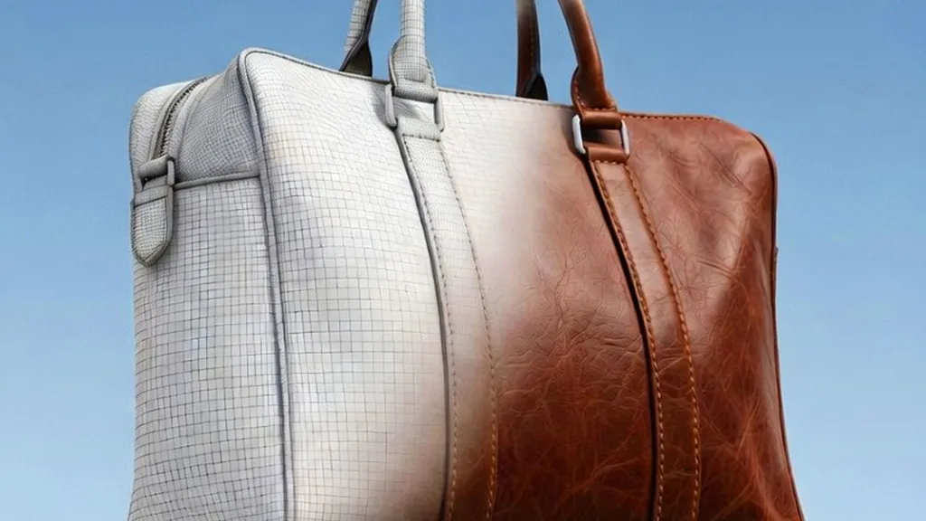 A 3D model of a bag, half wireframe, and half rendered