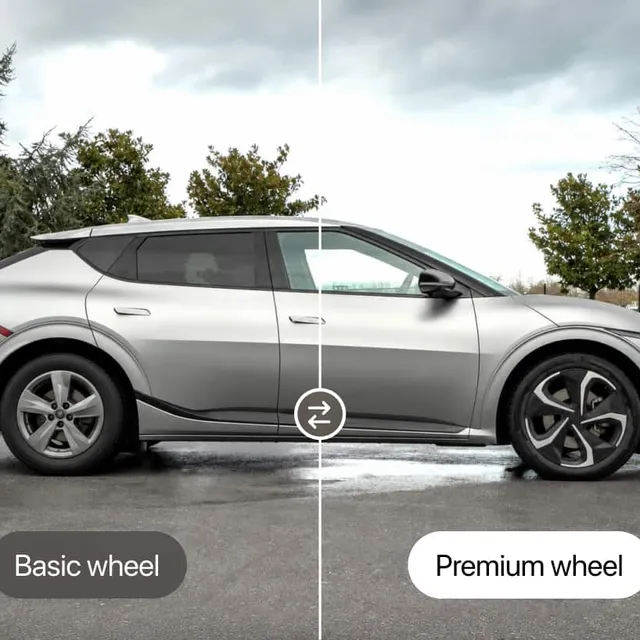 Side-by-side comparison of basic and premium wheels on the same car