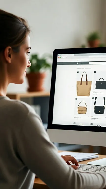 A shopper browsing bags in an online store on a desktop screen