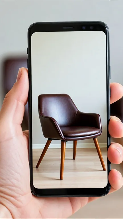 A phone showing a chair placed in a real room through AR
