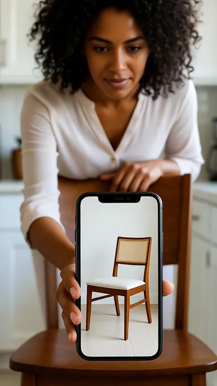 A woman placing a dining chair in her kitchen through AR on a phone