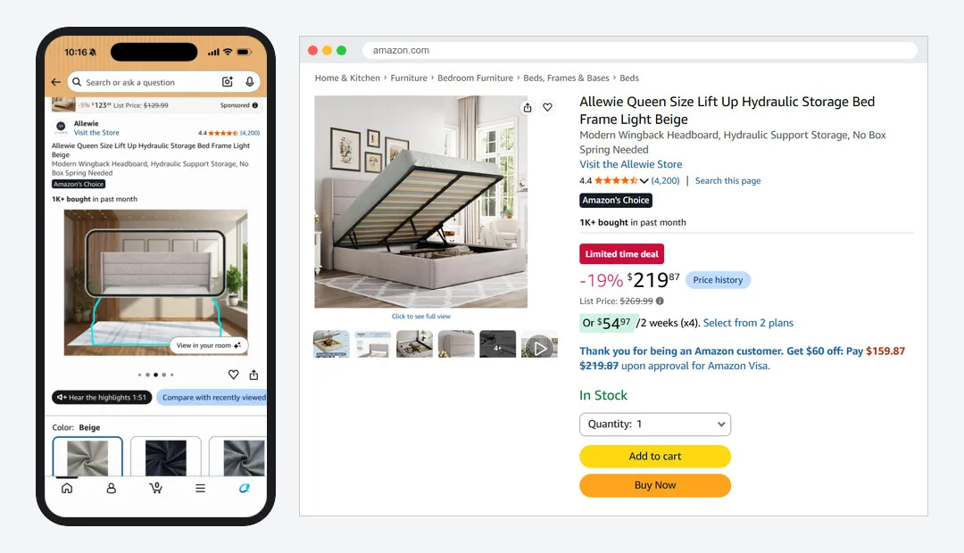 The Allewie bed listing in the Amazon app with a View in your room button, and the same listing in a desktop browser without it
