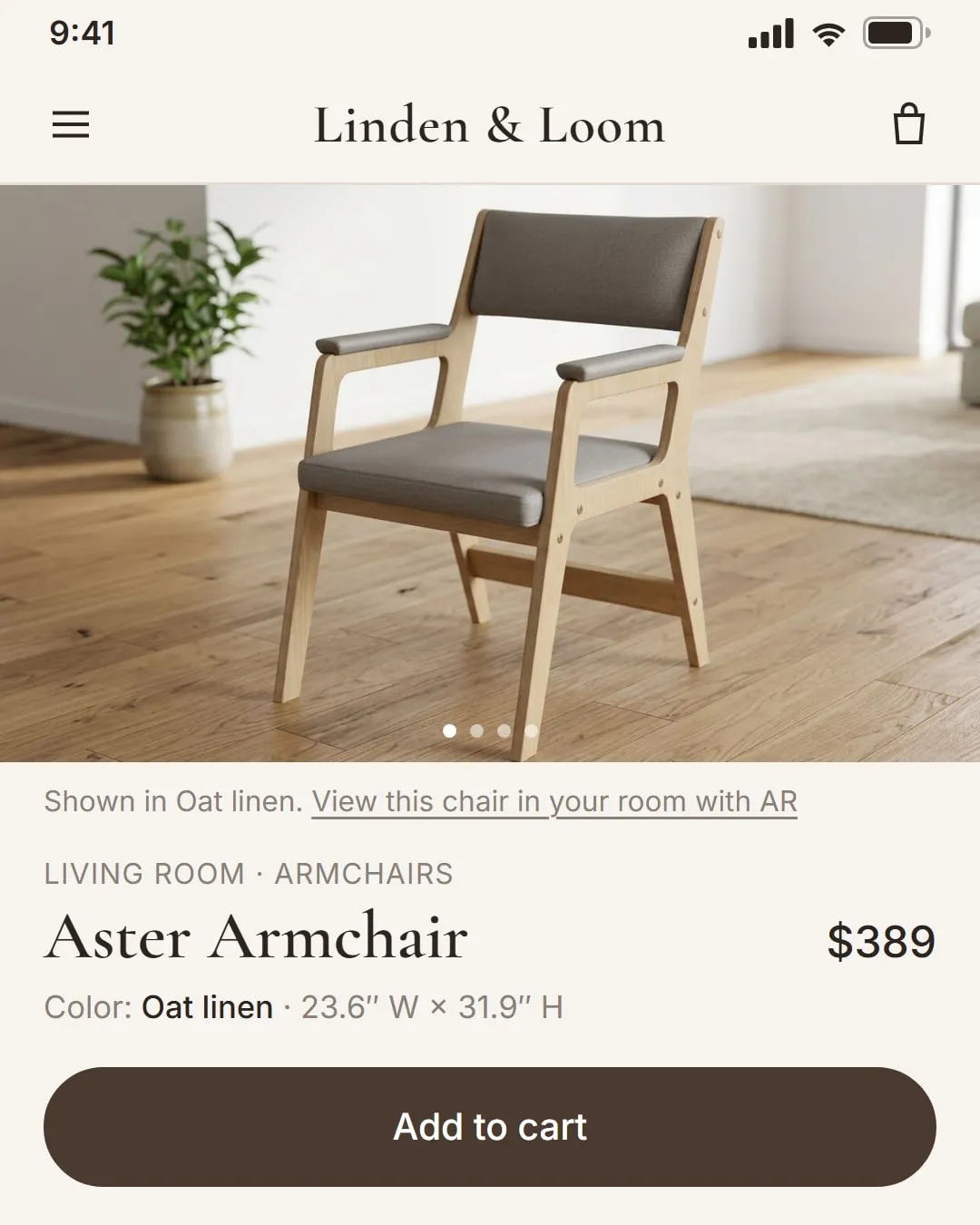 Mobile product page with the AR link hidden in the photo caption