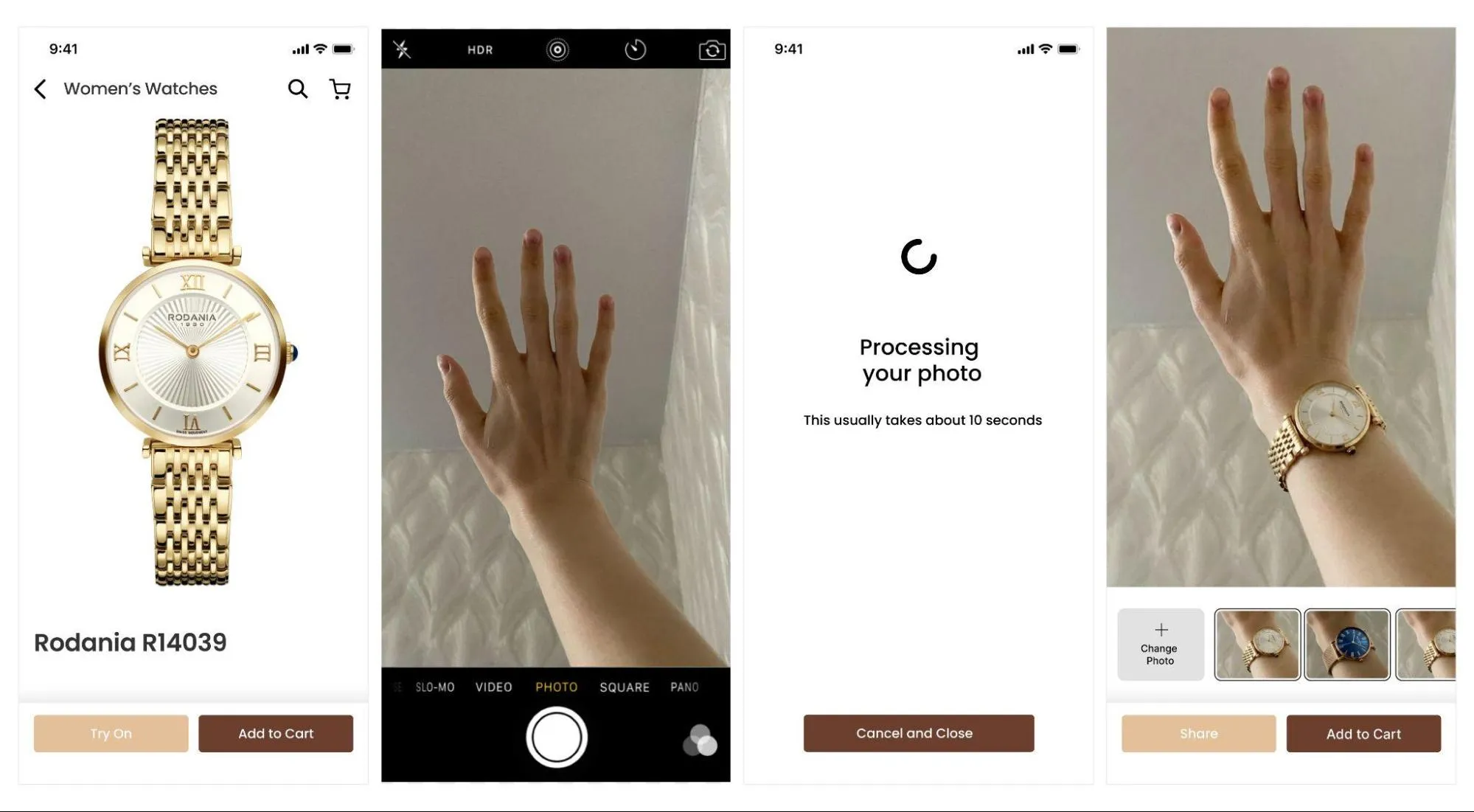 VIZBL prototype: photo-based virtual try-on. The customers upload a picture of their hands and see how the jewelry looks on them