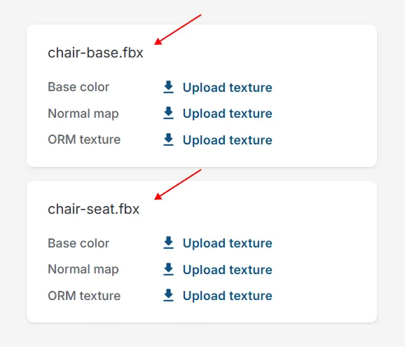 Chair’s base and seat are separate models, so you’ll need to upload two sets of three textures for each model