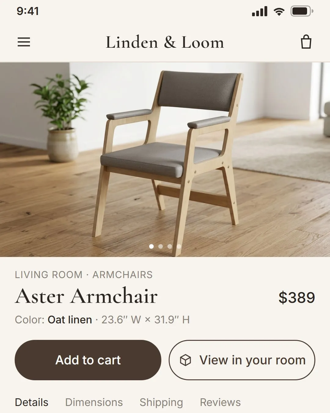 Product page design with the AR button next to Add to cart