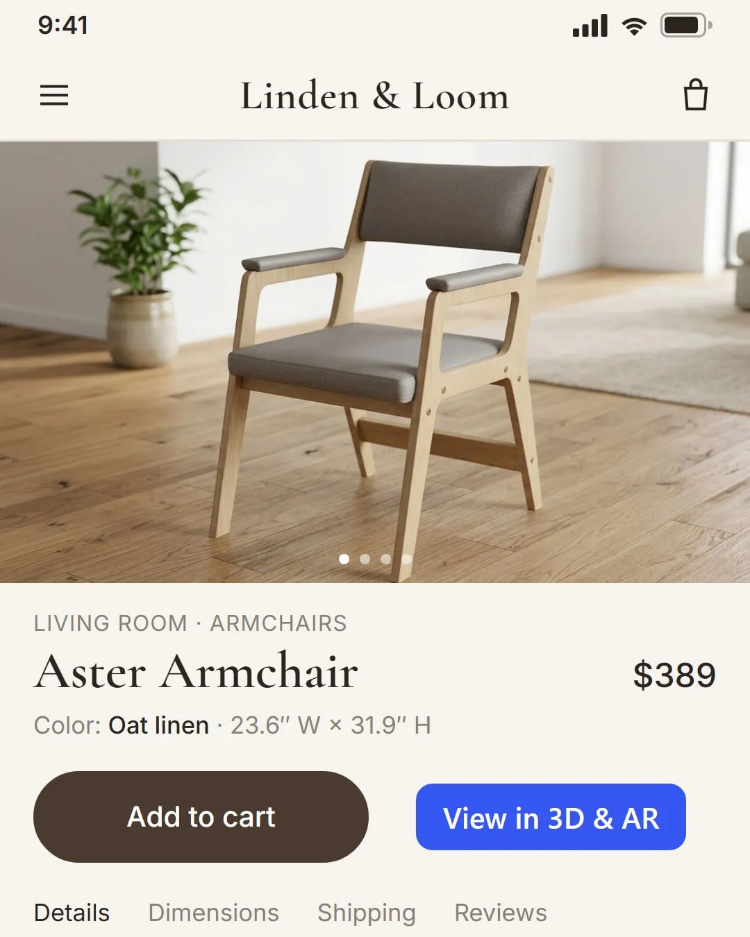 Default blue Vizbl AR button next to a brown Add to cart button