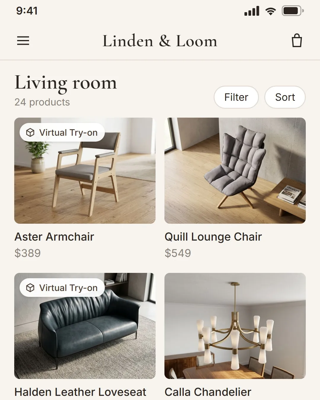 A product list with Virtual Try-on labels on the products that have AR