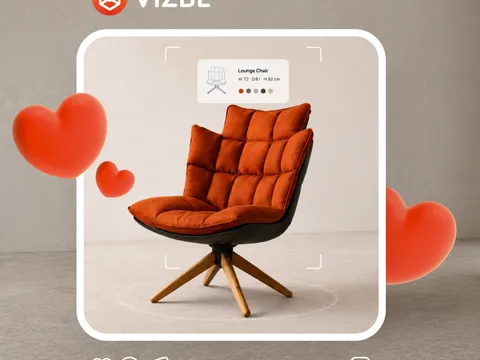 An armchair shown in AR with a live product card
