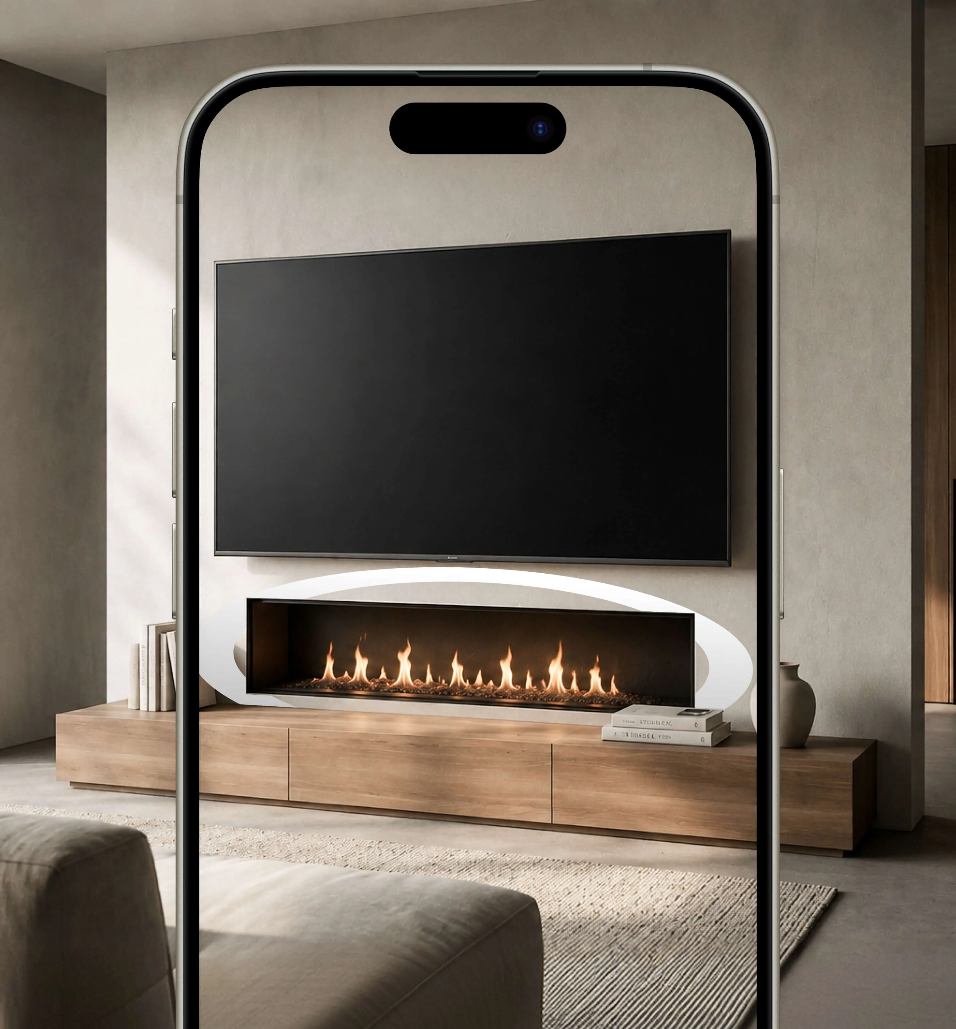 A linear built-in fireplace under a TV viewed through a phone in AR at true scale