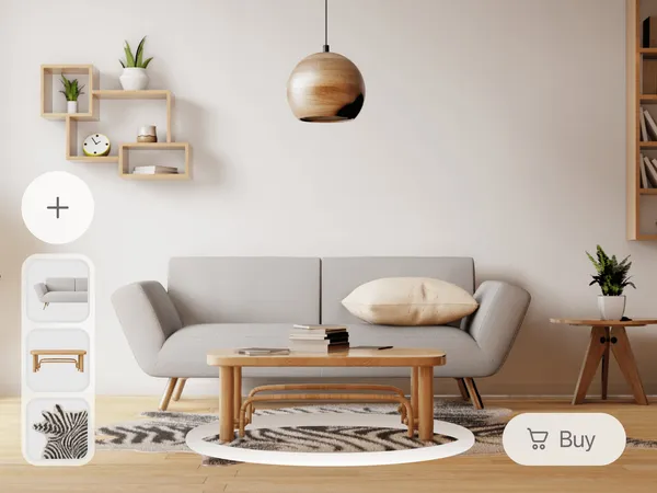 A sofa, coffee table and rug placed in a living room in AR, with a product picker on the side