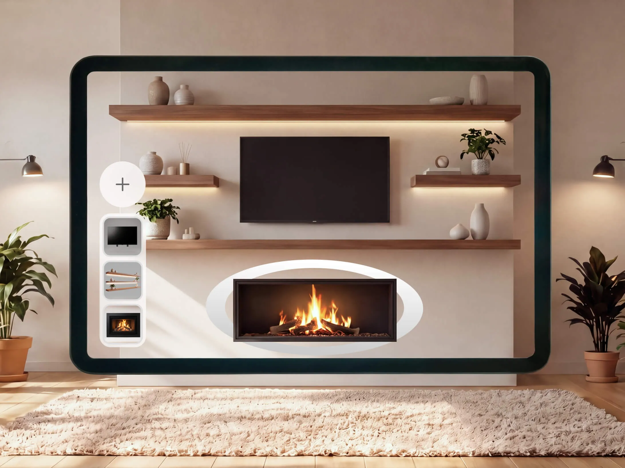 A media wall with a fireplace, TV, and shelves composed together in AR, with more objects ready to add