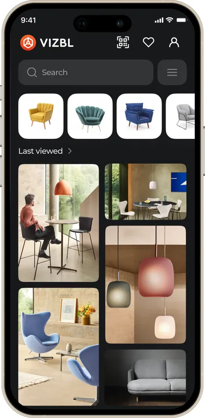 The Vizbl app catalog of 3D products running on an iPhone