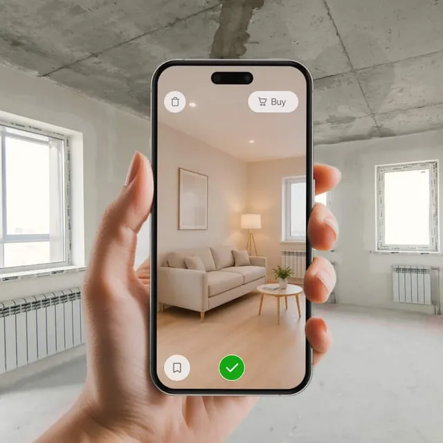 Phone showing a finished room overlaid on a raw construction site